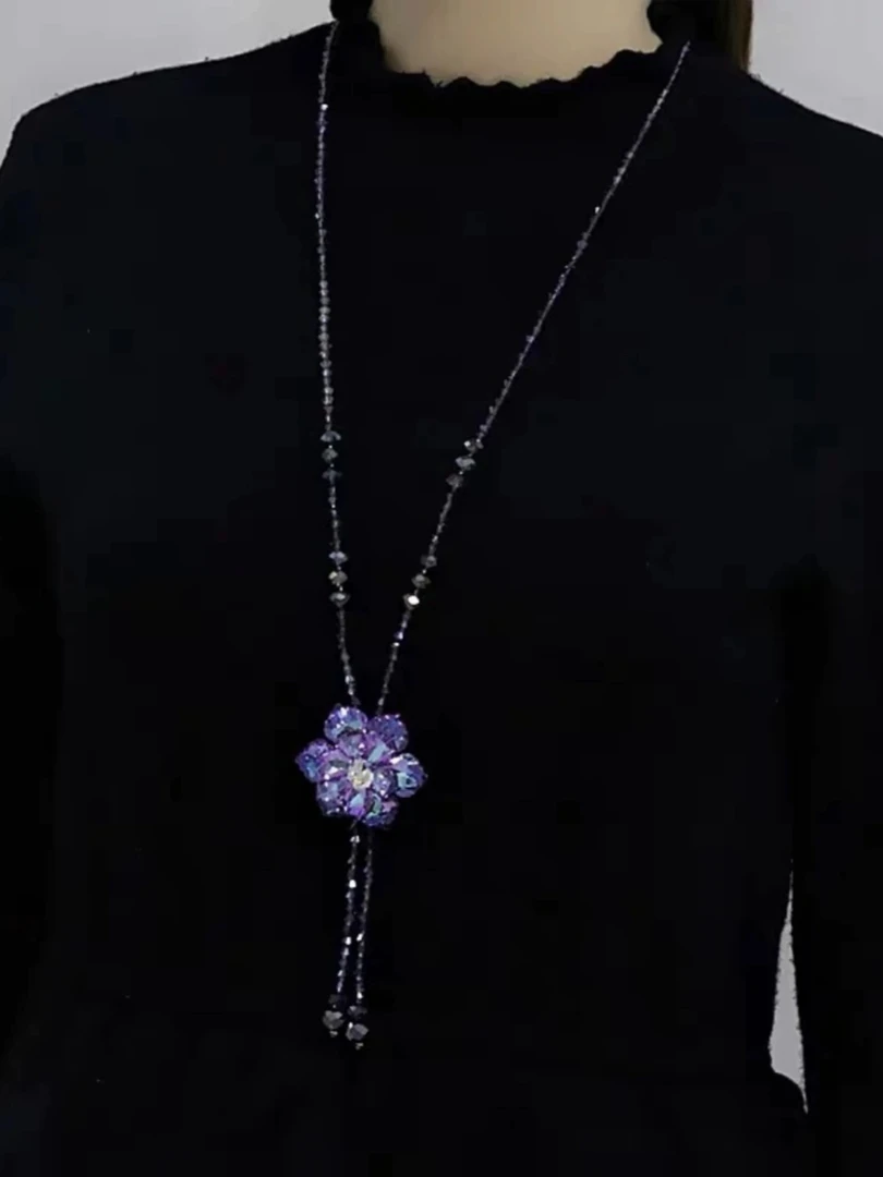非金属项链 七彩水晶花毛衣链项链手工轻奢精致素款M896