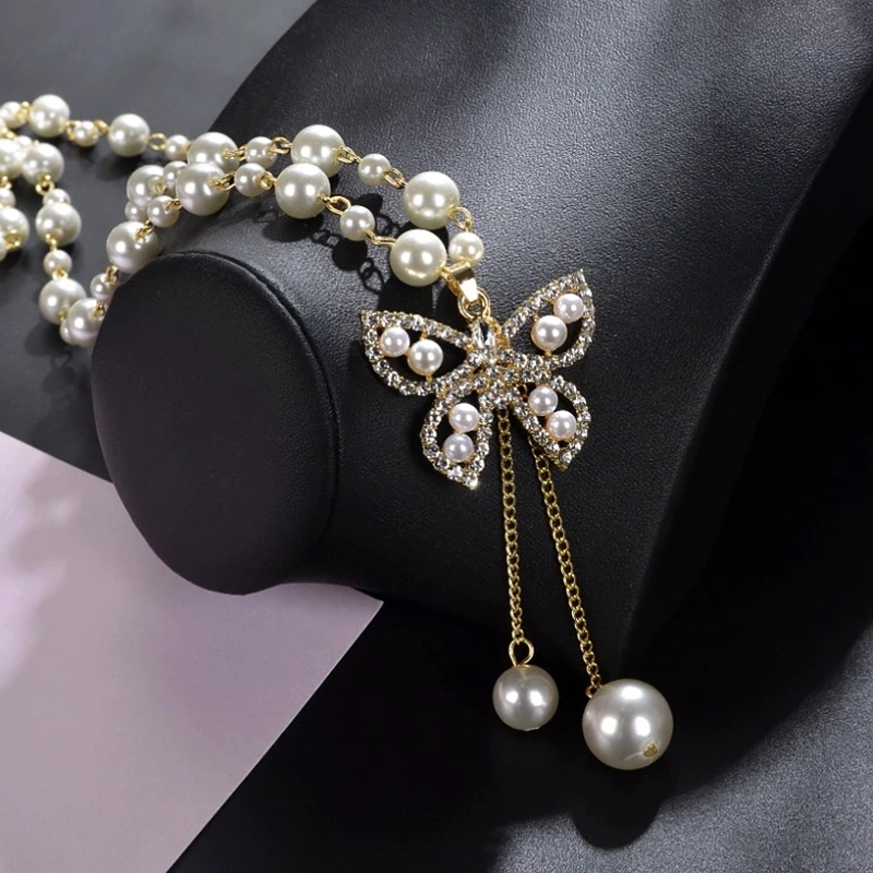 合金贝珠项链 精致珠珠蝴蝶吊坠毛衣链项链镶嵌时尚M856