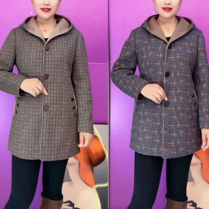 秋季新款时尚休闲宽松连帽格子外套中老年妈妈装中长款上衣S11