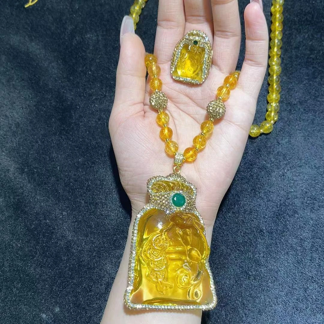 铜合金合成锆石吊坠 MM 欧美饰品 晶晶福袋 吊坠项链戒指黄色中古