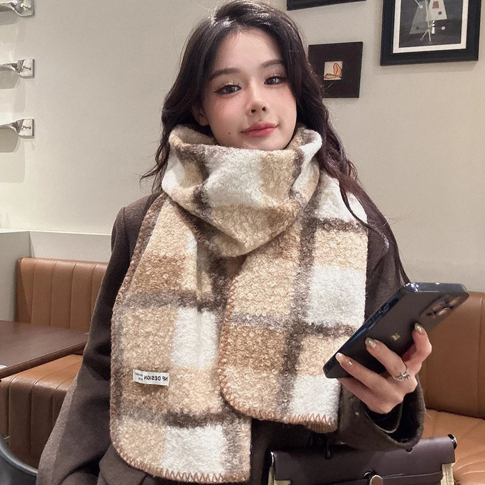 2024新款高级感格子复古双面围巾女款秋冬季保暖百搭学生围脖冬天