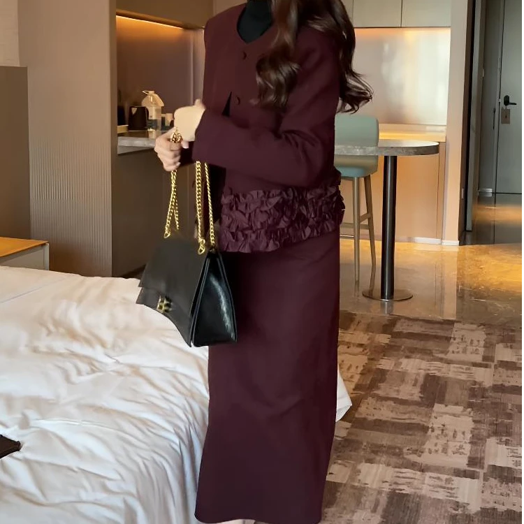 简约时尚套装秋季减龄百搭长袖外套开叉半身裙两件套#602显瘦