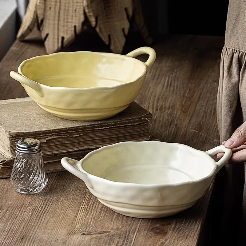 W23051701千羽-奶白双耳碗7英寸家用沙拉碗创意简约餐碗【微瑕】