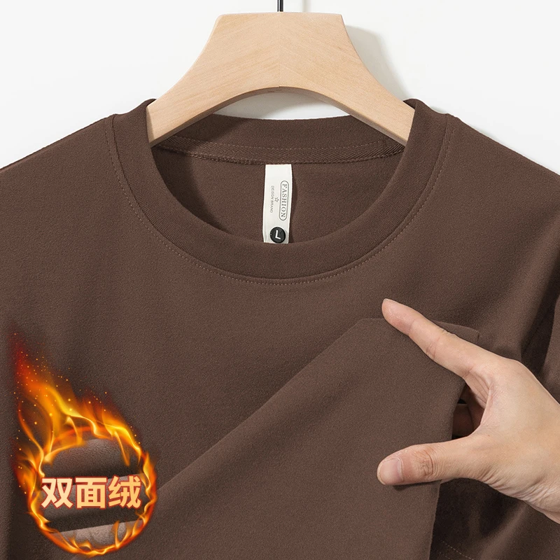 重磅t恤男短袖双面德绒打底衫秋冬季保暖加绒半袖纯色上衣服体恤