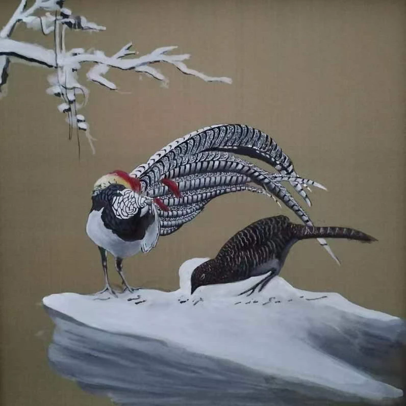 《冬雪》工笔国画（真丝绢布）32x32cm