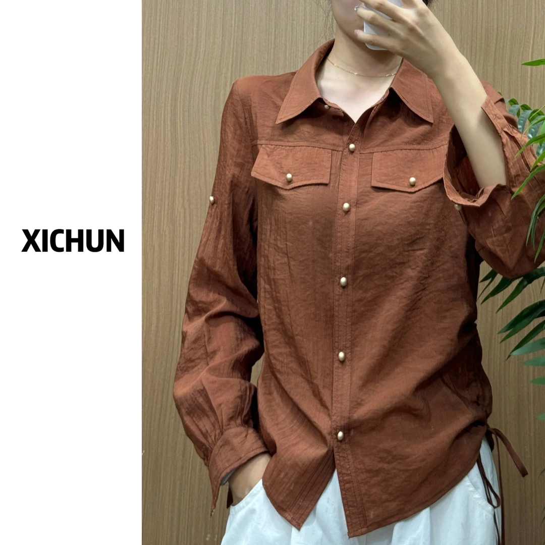 2024年秋季新款韩系长袖衬衫简约减龄抽绳褶皱设计感衬衣时尚小衫