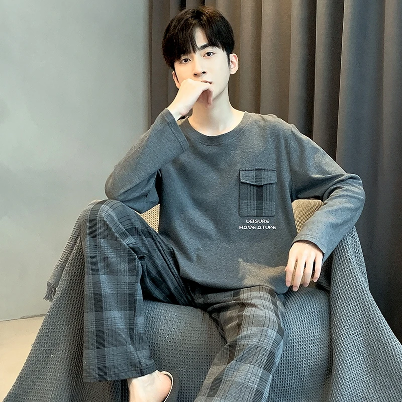 2024年新款睡衣男士秋冬季纯棉长袖圆领套头宽松青年可外穿家居服