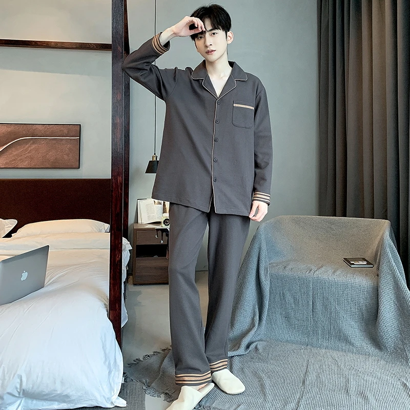 2024华夫格男士春秋季纯棉开衫长袖睡衣春秋天可外穿大码家居服
