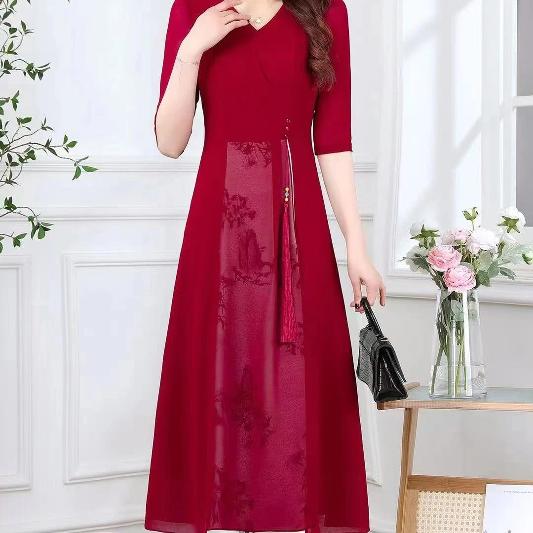 2023年夏季新款复古中国风气质优雅显瘦洋气时尚高端长款连衣裙