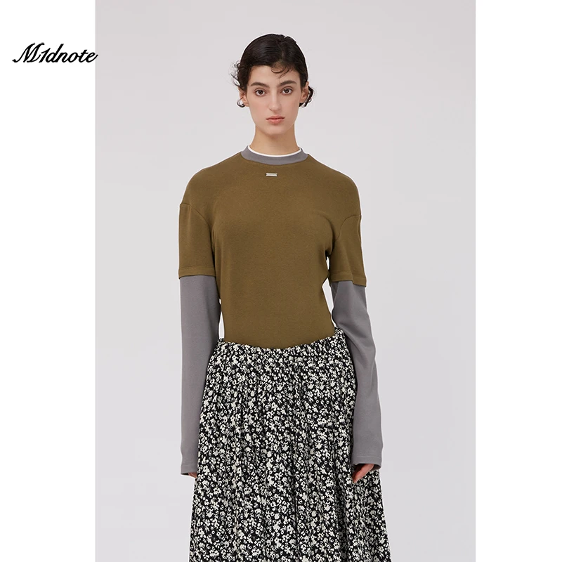 M1DNOTE米诺24秋冬系列拼色假两件长袖T恤