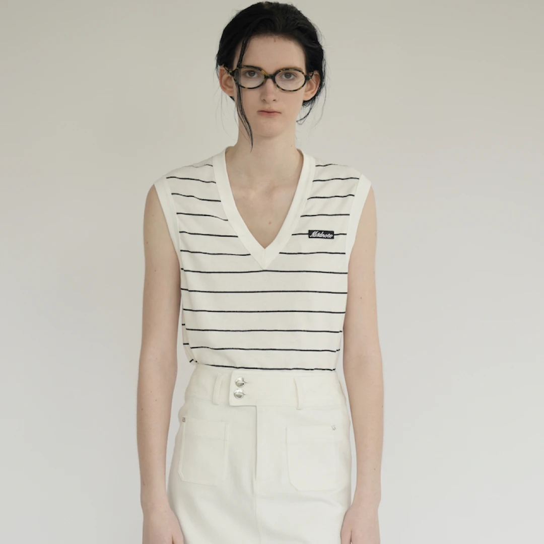 M1DNOTE米诺夏日胶囊徽标装饰条纹v领针织上衣MDSS01011