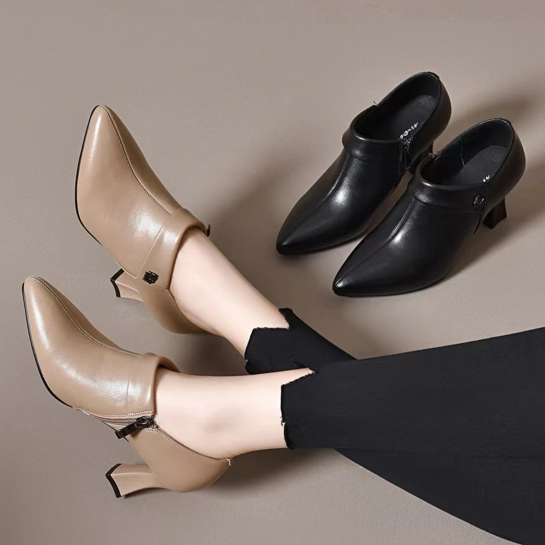 2024秋冬新款尖头深口单鞋时尚百搭粗跟中跟小单鞋气质真皮跟鞋