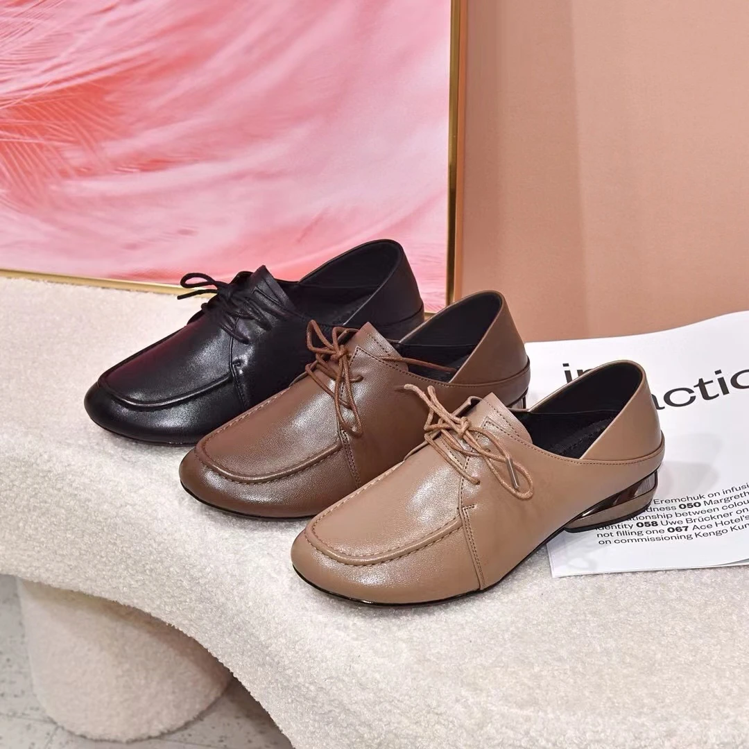 2024秋款芒果方头系带单鞋舒适百搭复古平底单鞋女休闲真皮妈妈鞋