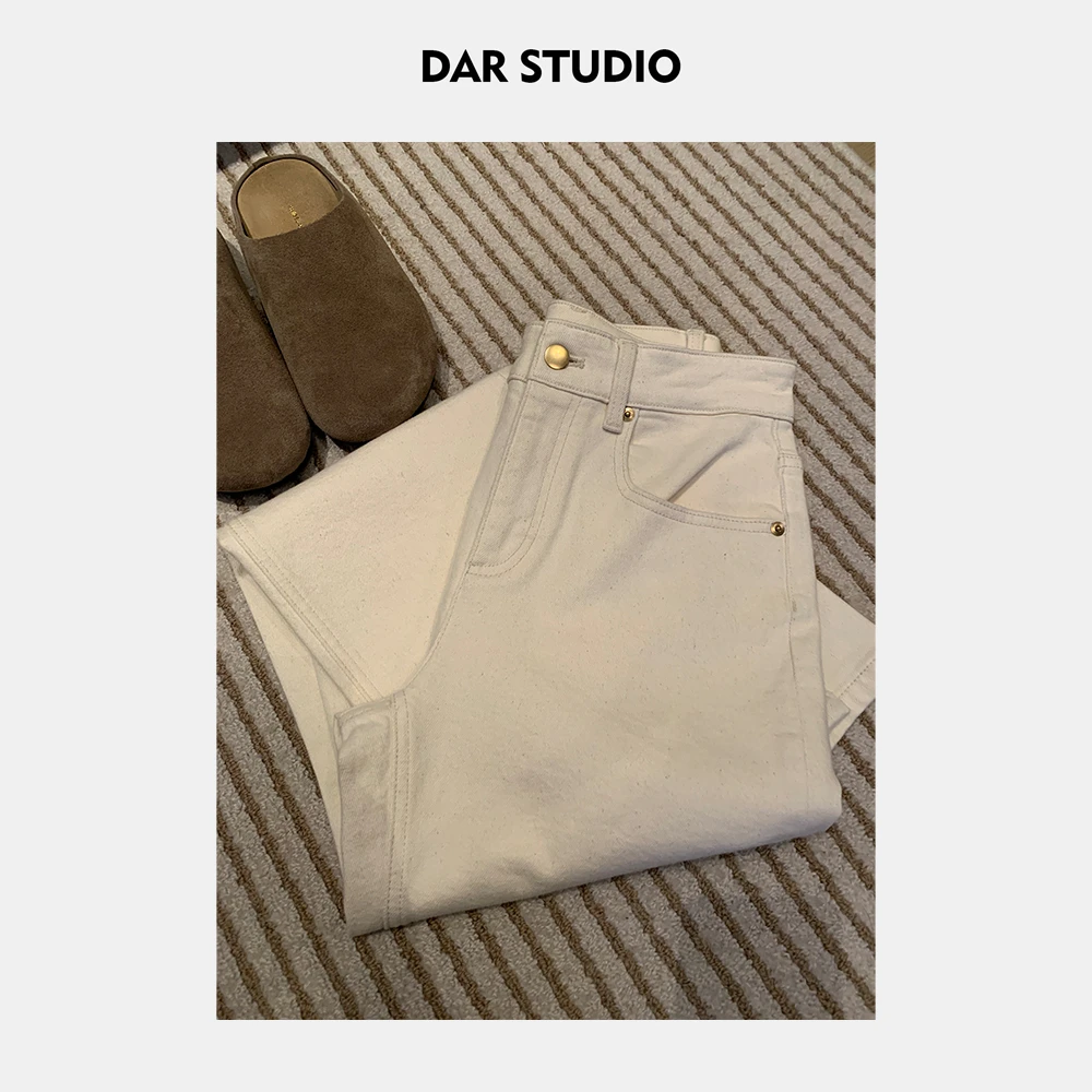 DAR STUDIO【棉花籽牛仔】高线 进口土耳其窄版直筒米白色牛仔长裤
