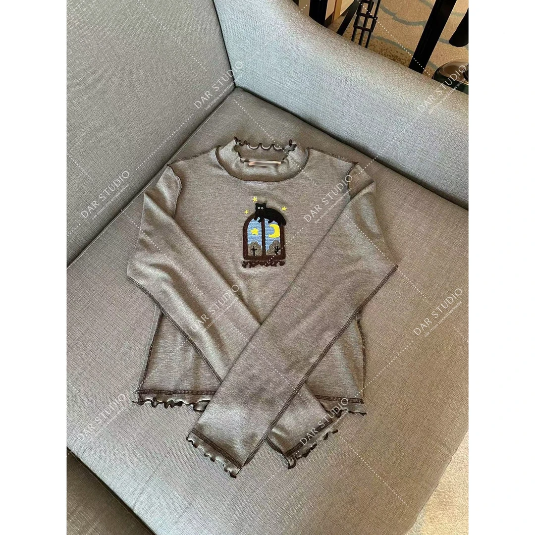 DAR STUDIO 深圳货【童话小猫】2024秋冬新款花边刺绣长袖T恤5733