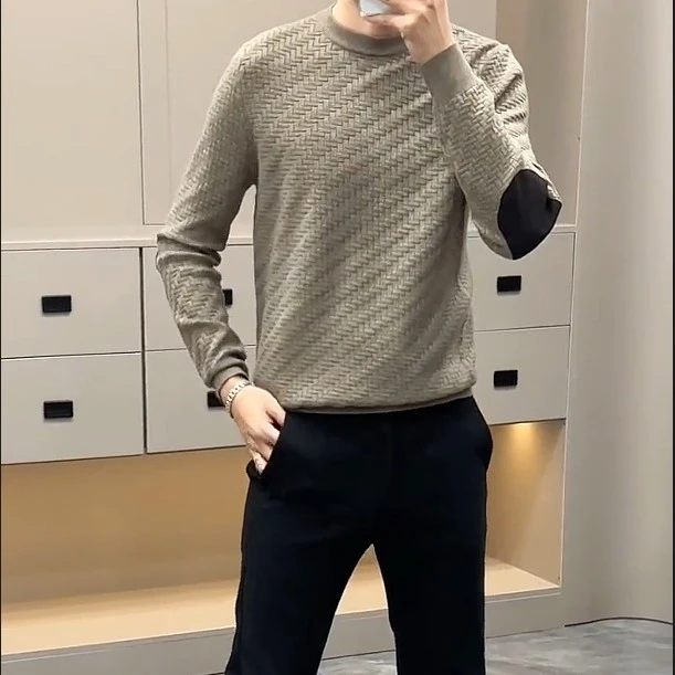 男士百搭冬季菱形格半高领休闲时尚长袖圆领上衣男士秋冬打底衫