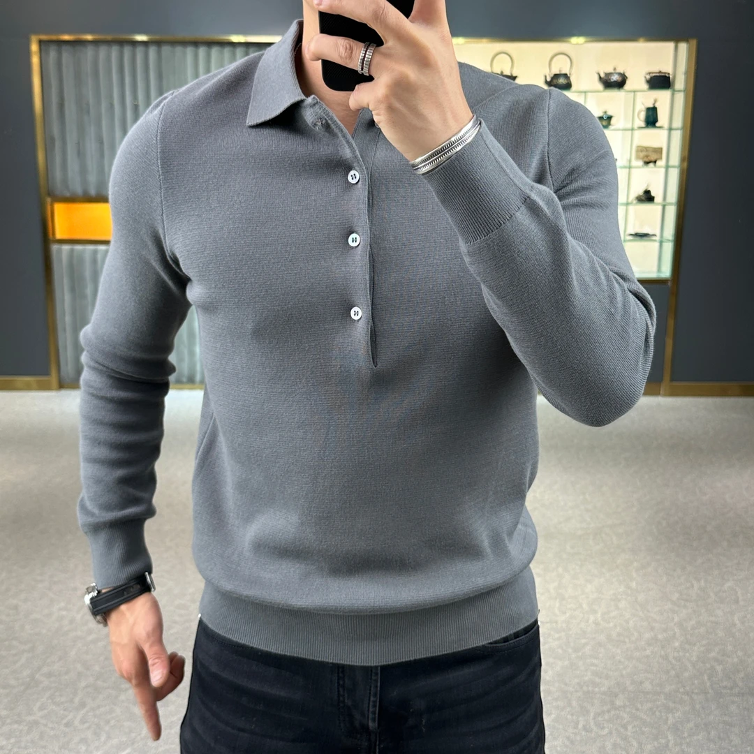 高级纯色翻领针织POLO衫轻奢简欧商务毛衣休闲时尚男士秋冬打底衫