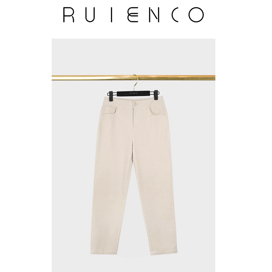RuienCo.卡布奇诺 高支高密半松紧腰灯芯绒复古摩登舒适休闲裤