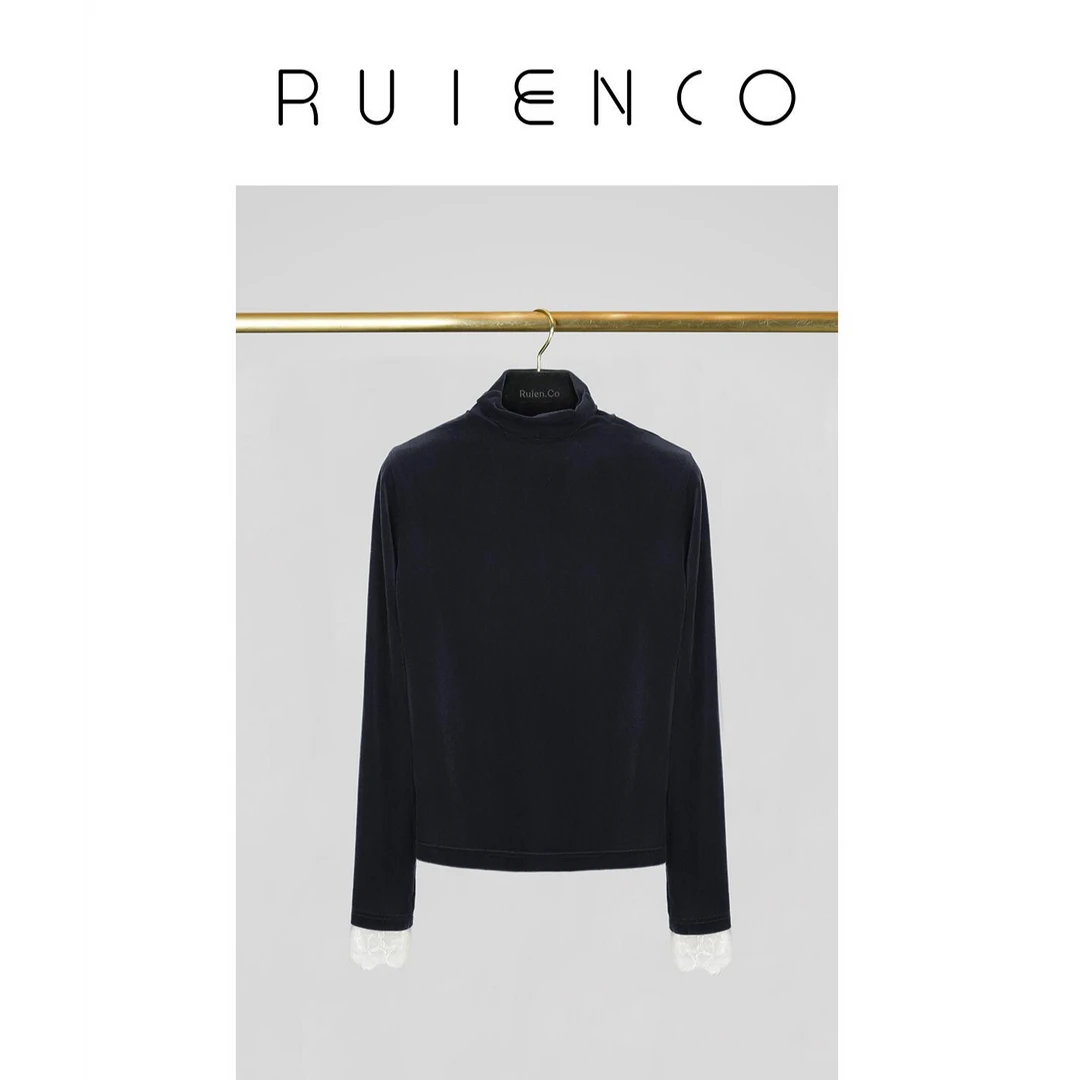 RuienCo.  娜塔莎 复古丝绒蕾丝拼接半高堆堆领长袖百搭打底衫上