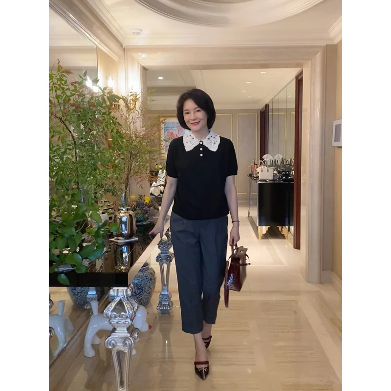 RuienCo. 手工蕾丝钉珠装饰衣领短袖针织娃娃领套头衫