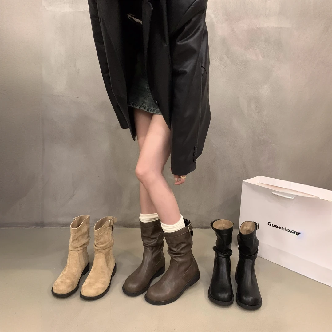 粗跟复古中筒靴骑士靴女鞋2025新款春夏季堆堆小短靴厚底马丁靴子