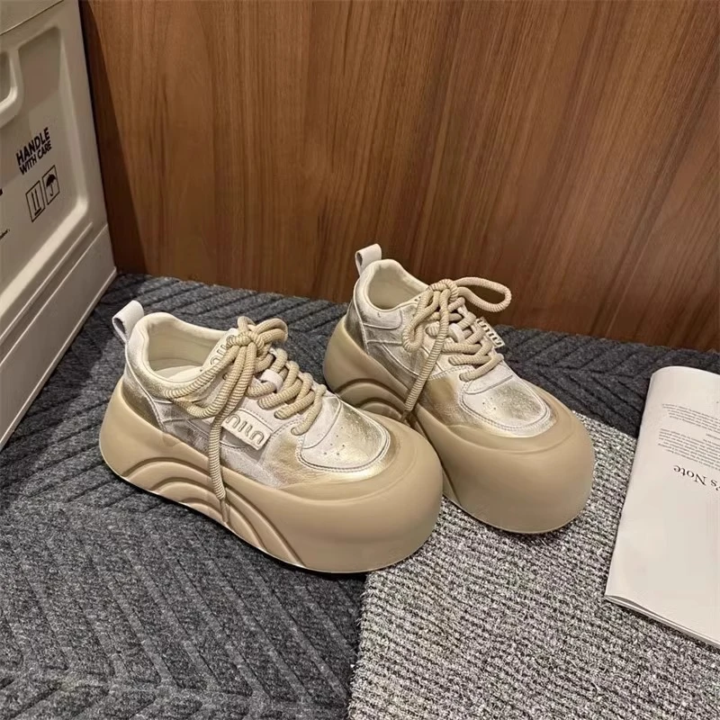 豹纹丑萌大头面包松糕厚底小白鞋女春秋小个子增高老爹鞋小众板鞋