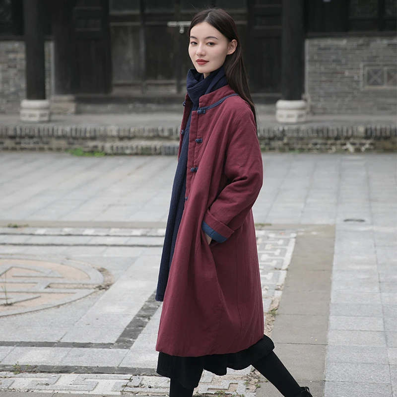 2024冬新品复古中式立领中国风撞色盘扣中长款棉袄亚麻宽松版棉衣