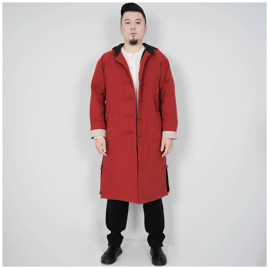 男士棉麻中国风盘扣中长款连帽中式棉服复古外套长袍男款2024