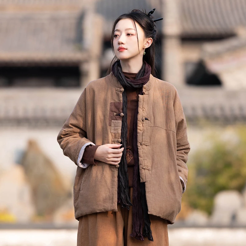 24原创设计宽松棉麻补丁棉衣女冬季复古对襟立领盘扣夹棉短款棉袄