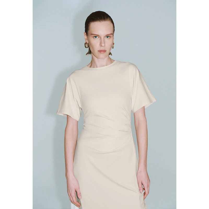 UR新款女装设计感褶皱收腰中长款连衣裙UWG740067