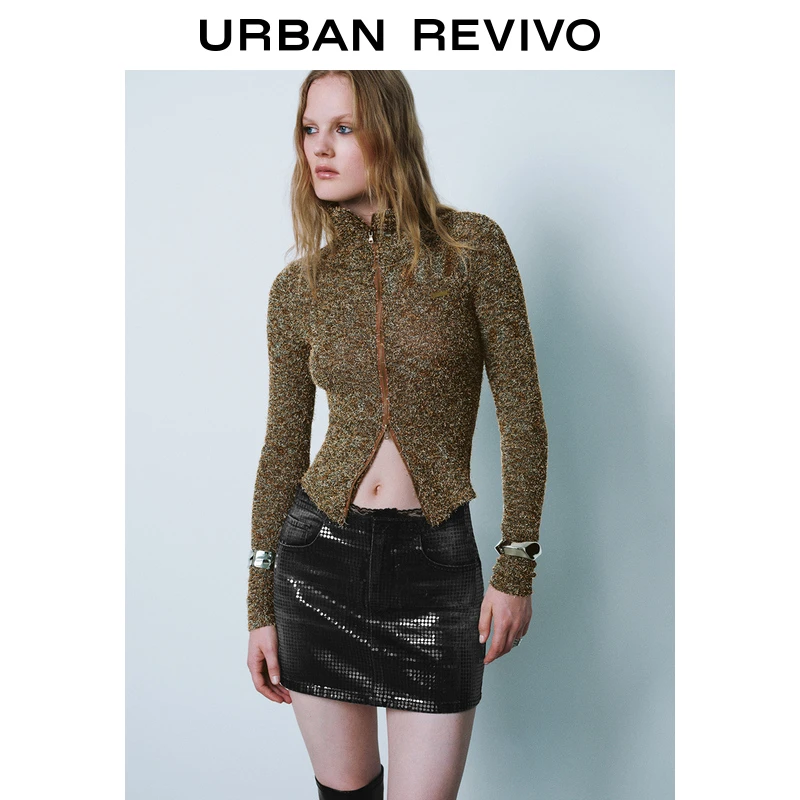 UR女装复古雅丹风肌理双拉链针织开衫UYV940015