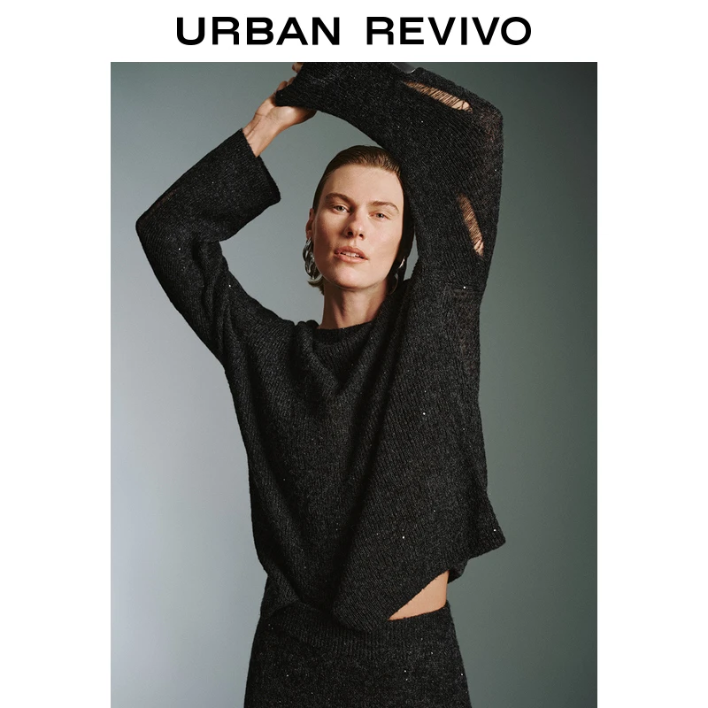 UR2024冬季新款女装潮流慵懒风烫钻装饰长袖针织衫UWJ940063