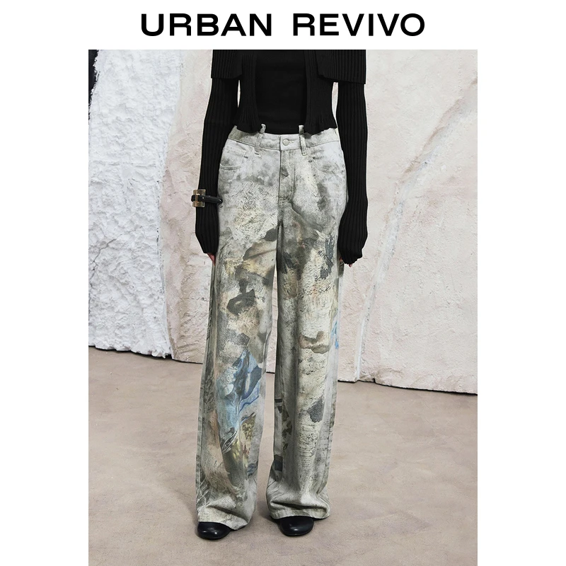 【UR设计师系列】UR秋冬新款女装印花牛仔长裤UWA840033