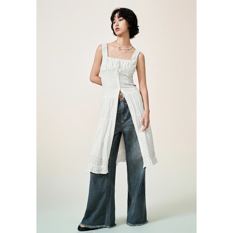 UR夏季新款女装森系小清新缩褶提花无袖连衣裙UWL740066