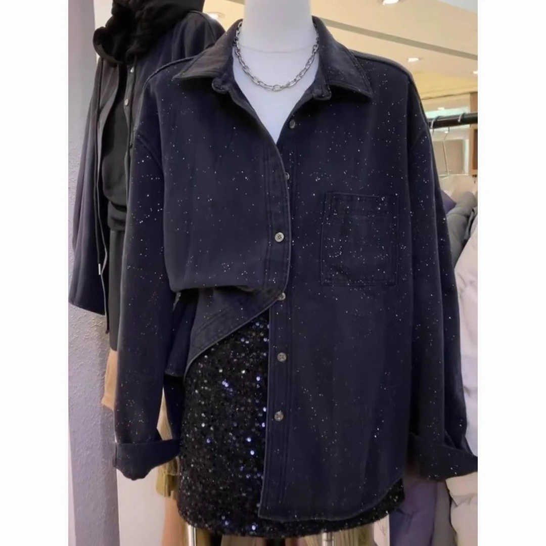 不卷边 2024新款复古港风闪光牛仔长袖衬衣女休闲宽松外套百搭