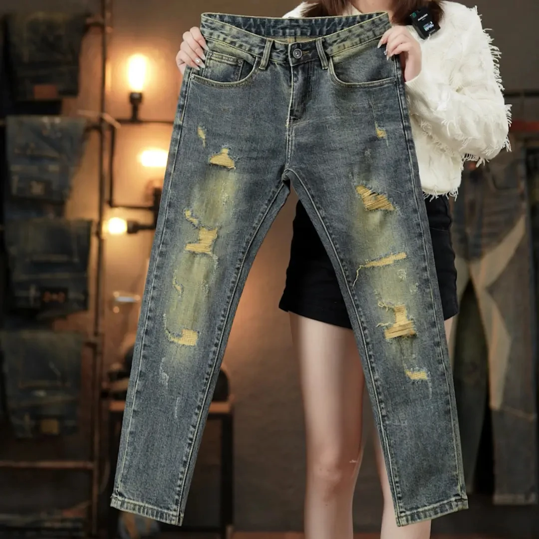 九分裤男士牛仔裤秋季新款复古怀旧蓝色破洞补丁修身小脚弹力潮牌