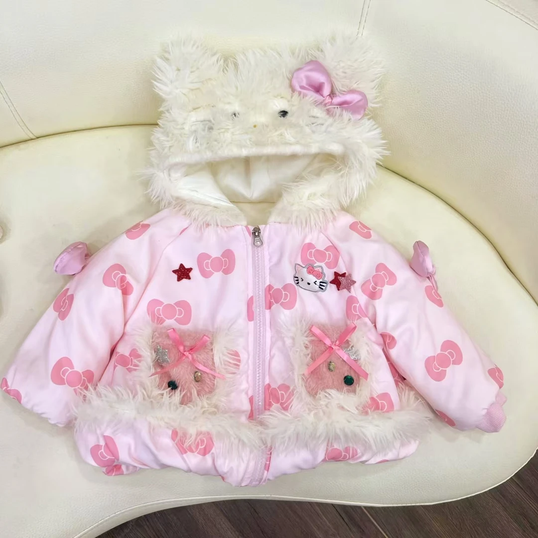 儿童加绒加厚蝴蝶结棉服公主时尚粉色连帽女宝冬季蓄热保暖Q230