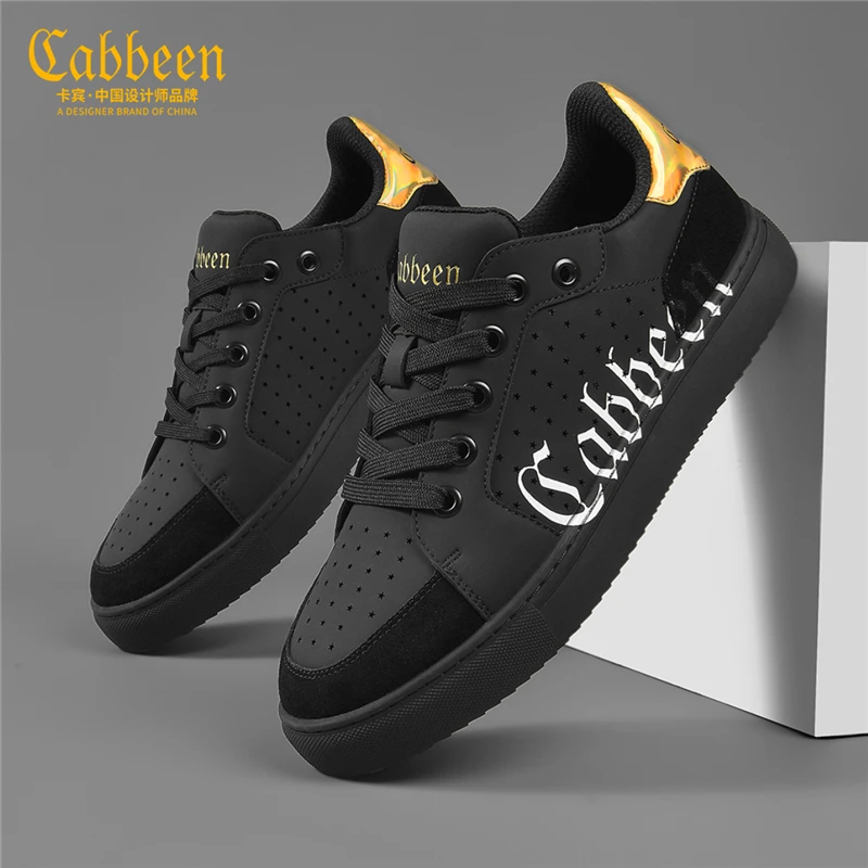 卡宾男士夏天透气冲孔黑色夏季设计感小众潮鞋男百搭休闲鞋小黑鞋