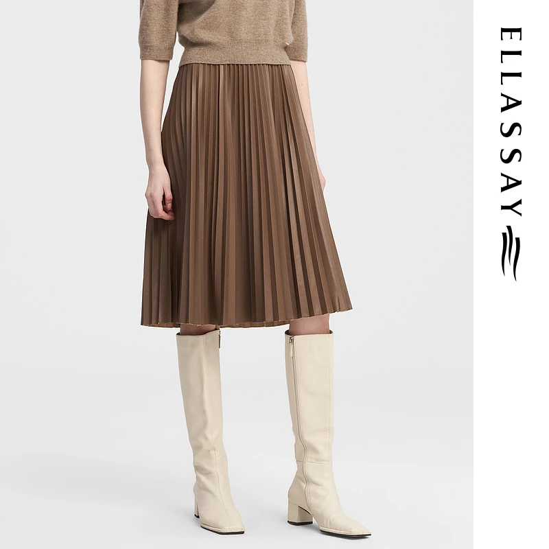 ELLASSAY歌力思2024新款垂坠感时尚白色长款百褶裙EWE344Q01300