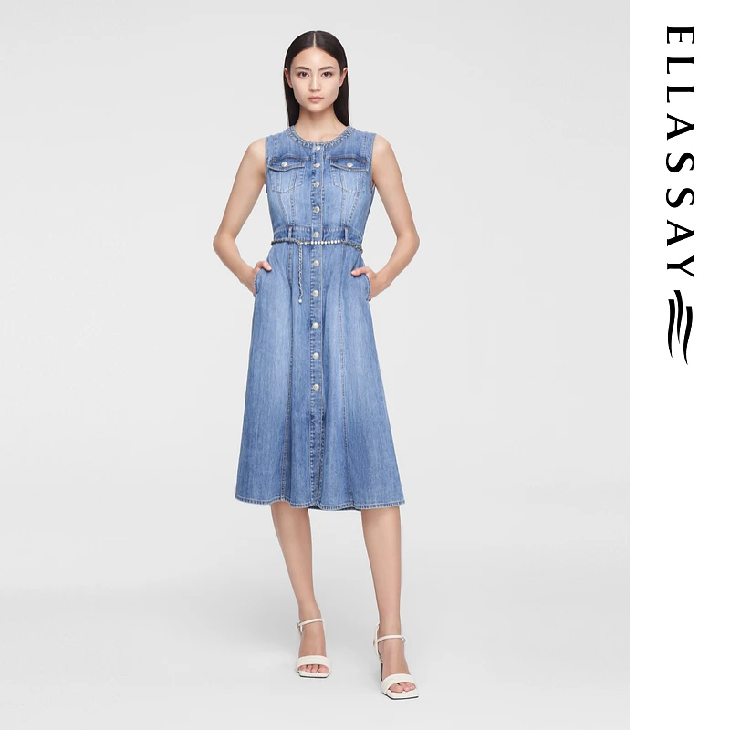 ELLASSAY歌力思2024夏季新款无袖气质牛仔连衣裙女EWW352N01500