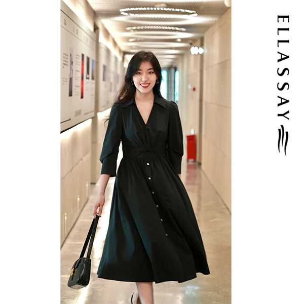 ELLASSAY歌力思春季经典款翻领收腰衬衫式连衣裙女EWD351Y10900