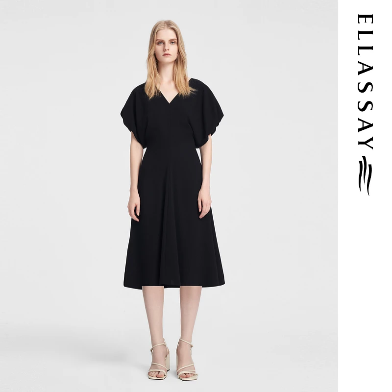 ELLASSAY歌力思夏季三醋酯法式优雅垂感V领连衣裙EWB352Y03800