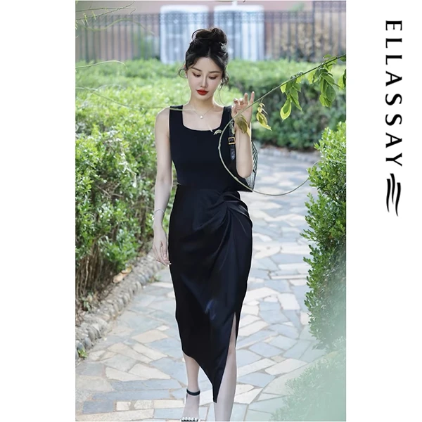 ELLASSAY歌力思春夏高级感拽姐风气质法式黑色连衣裙EWB341Y04200