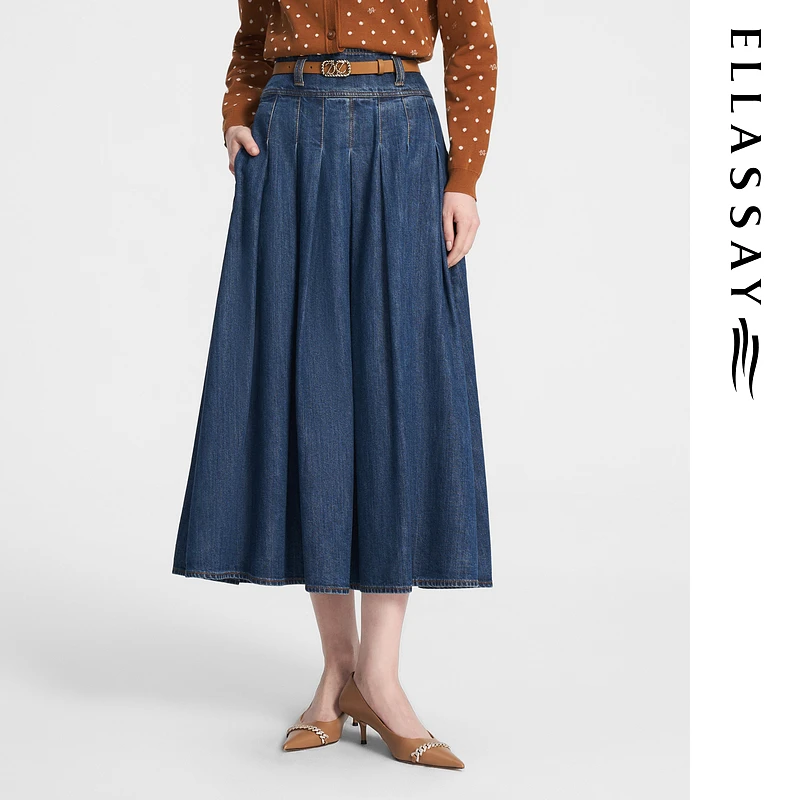 ELLASSAY歌力思秋季复古时髦垂坠顺滑牛仔半身裙女EWE353N00900