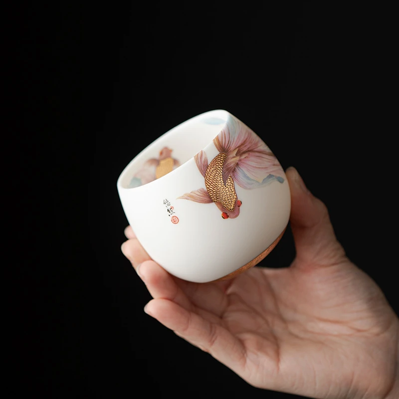 高档悠然自得主人杯陶瓷功夫手工大号白瓷聚富家用喝茶杯子礼盒装