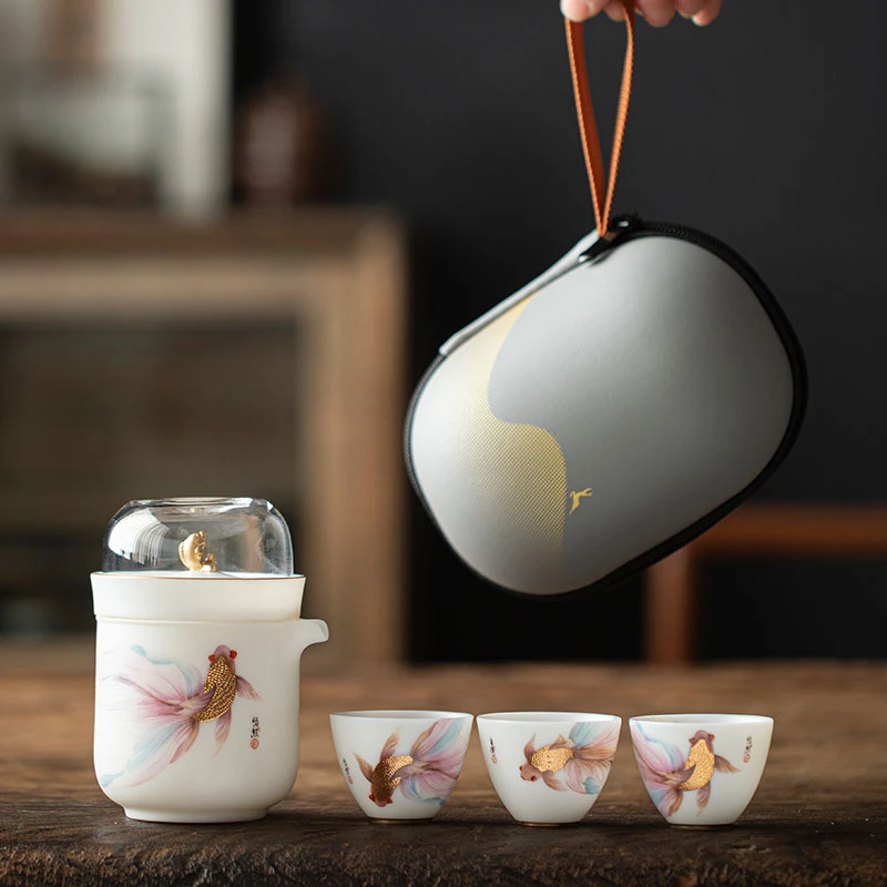 悠然自得便携式旅行茶具户外陶瓷快客杯出差喝茶装备一壶四杯露营