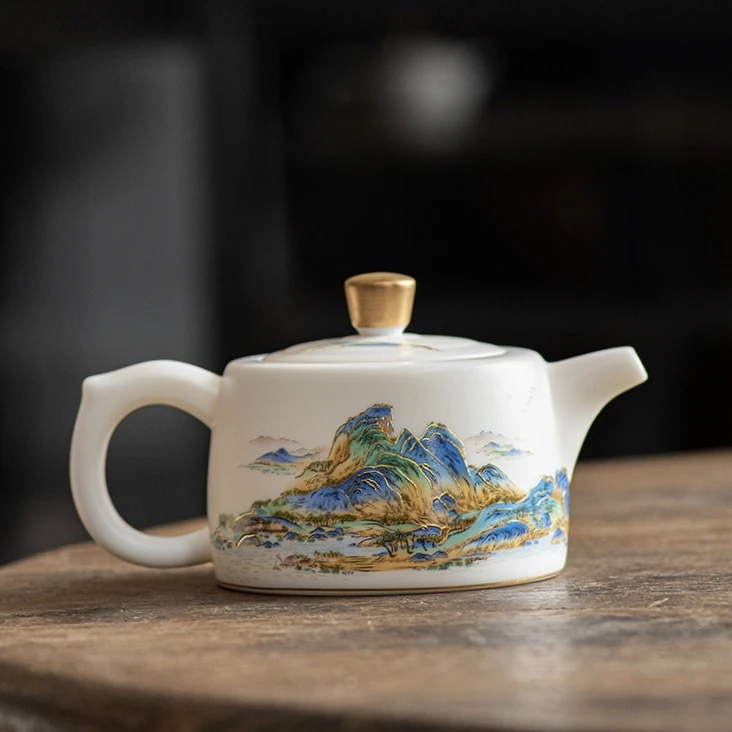 高端大号千里江山壶男士手工山水画陶瓷家用办公泡茶壶茶具礼盒装