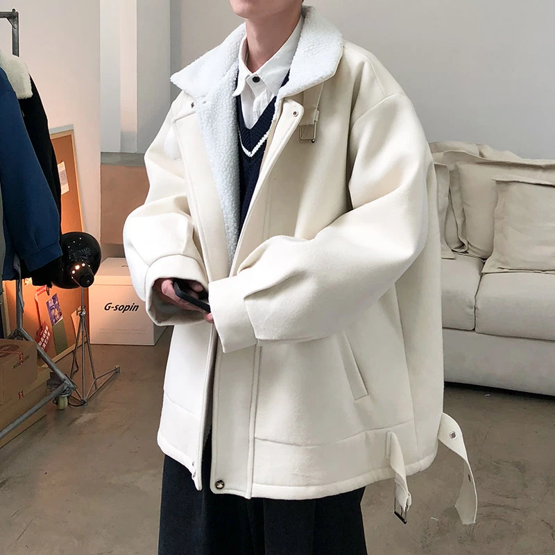 羊羔绒棉衣男秋冬季2024新款加厚短款加绒棉服港风毛呢大衣外套