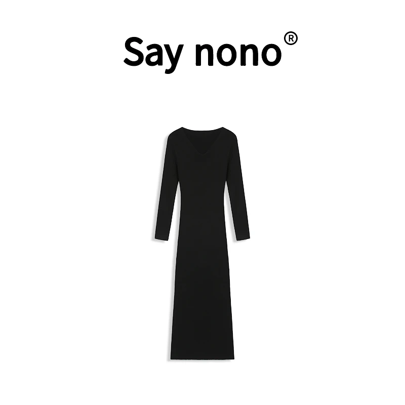 Say nono★KBB23008/打底针织长款轻奢黑色修身长袖百搭时尚连衣裙