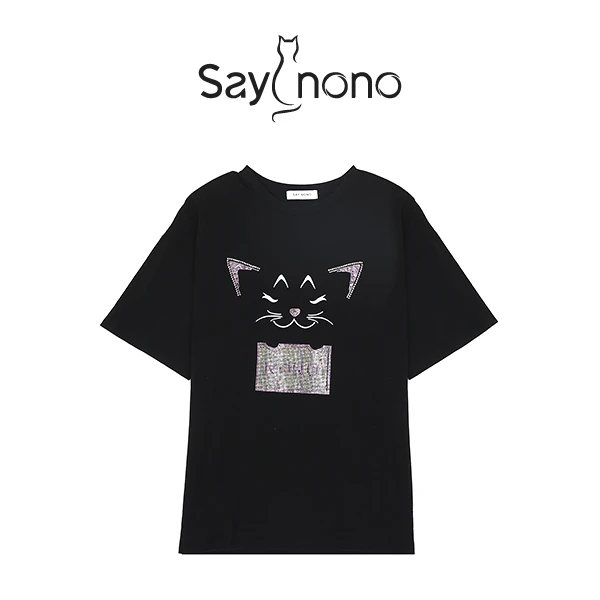 Say nono【懒猫nono】KBB25 猫咪烫钻纯棉大版T恤女